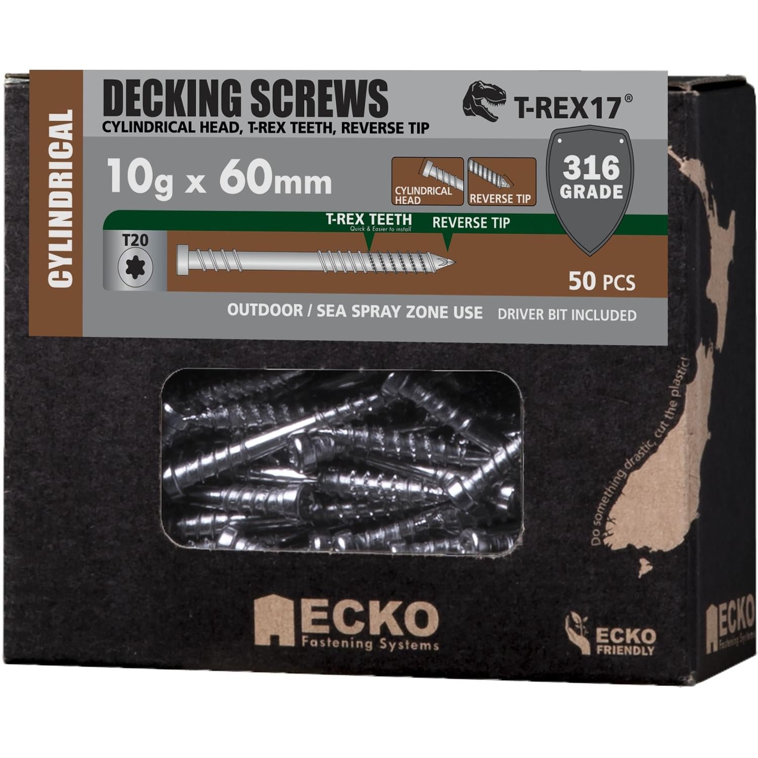 Ecko T-Rex17® Ecko 10G X 60Mm Cylindrical Head Ss316 Decking Screws (50 Box)