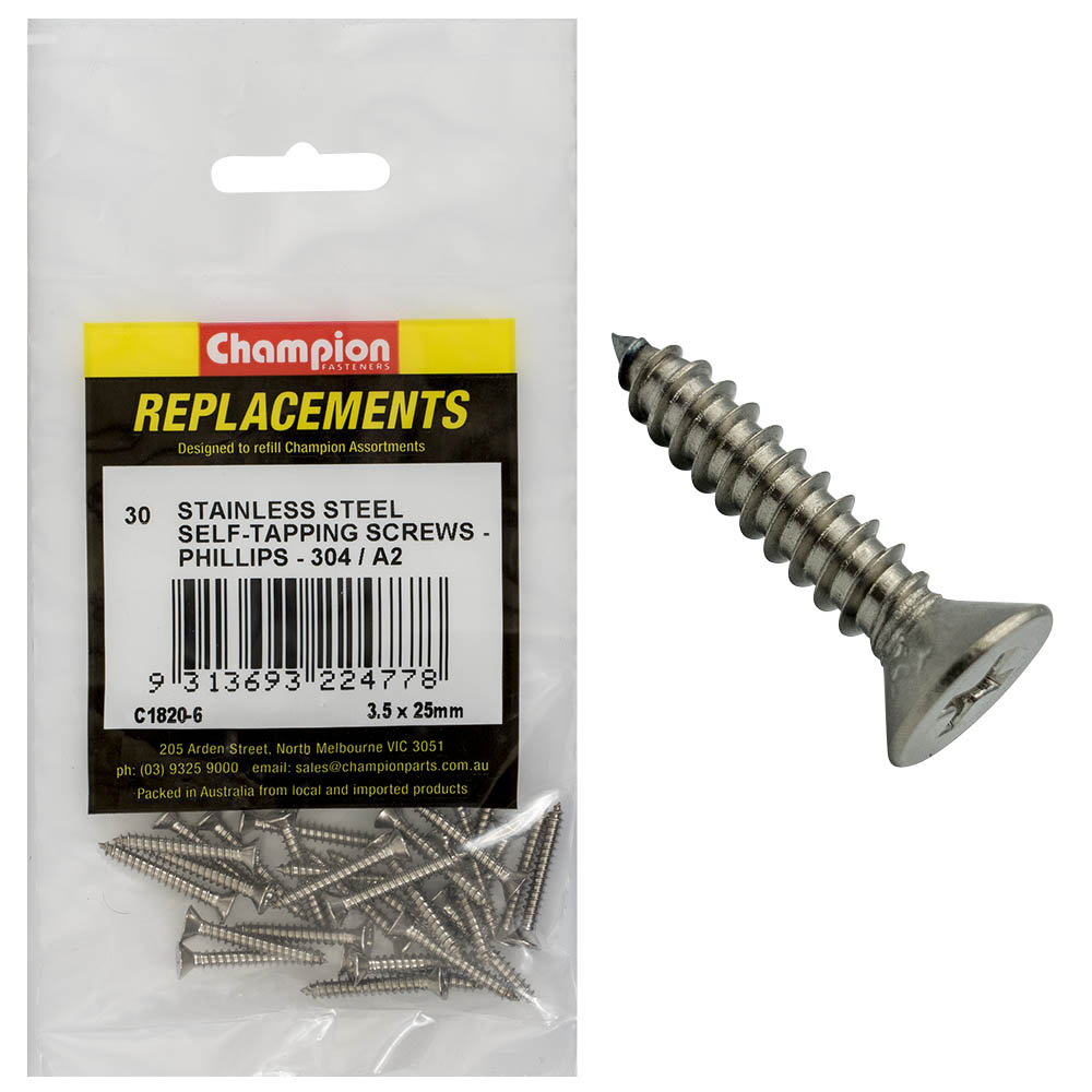 Champion 6G X1In S/Tapping Screw Csk Hd Phillips 304/A2-30Pk