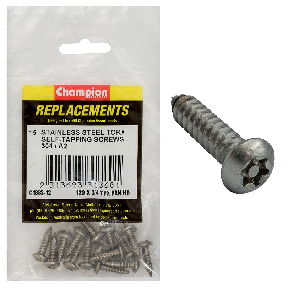 Champion 12G X 3/4In Self-Tapping Screw Pan Tpx 304/A2 -15Pk