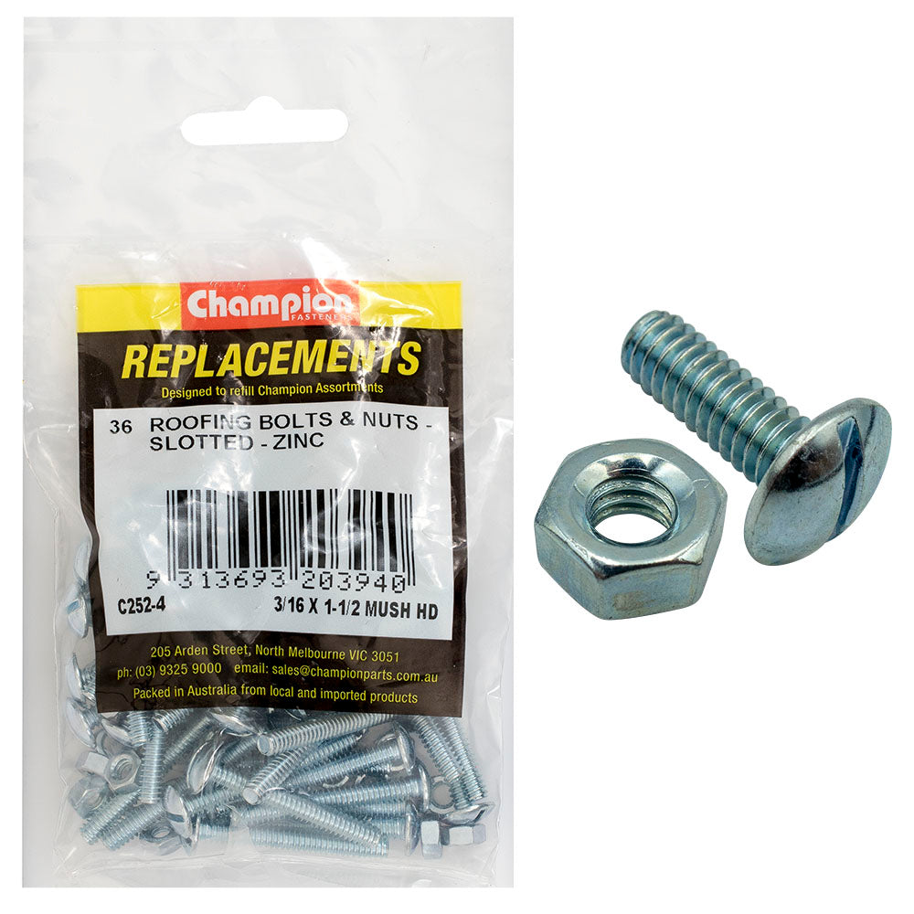 Champion 3/16 X 1-1/2In Unc Roofing Set Screw & Nut - 36Pk