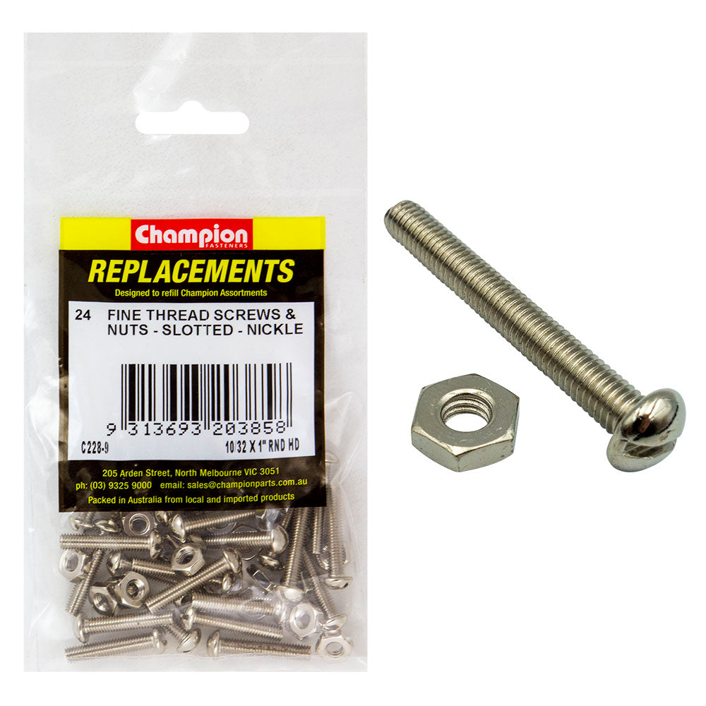 Champion 10/32 X 1In Unf Rnd Hd Machine Screw & Nut -24Pk