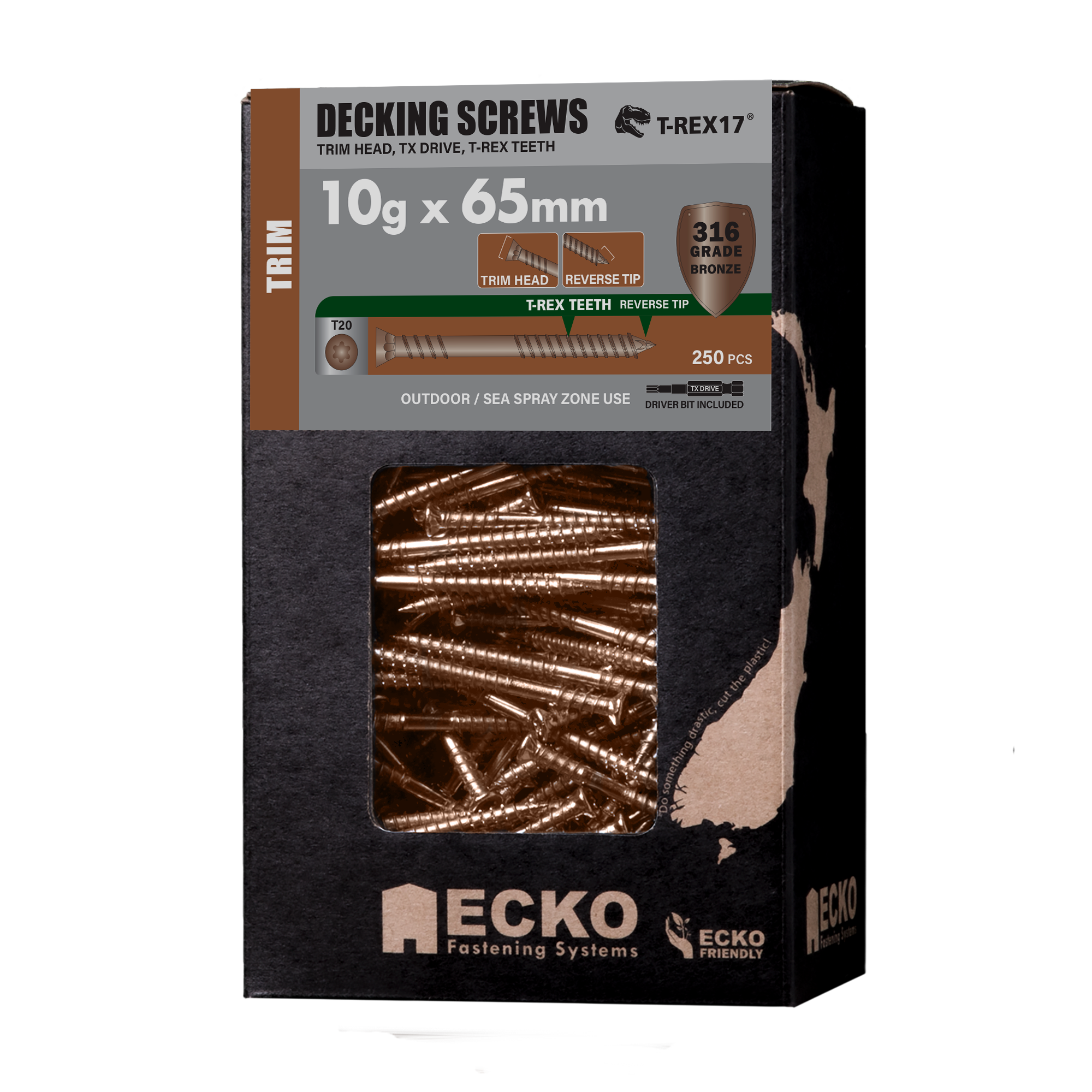 Ecko Bronze T-Rex17 Trim Head Decking Screws 10G X 65Mm Stainless Steel 316 (1250 Box)
