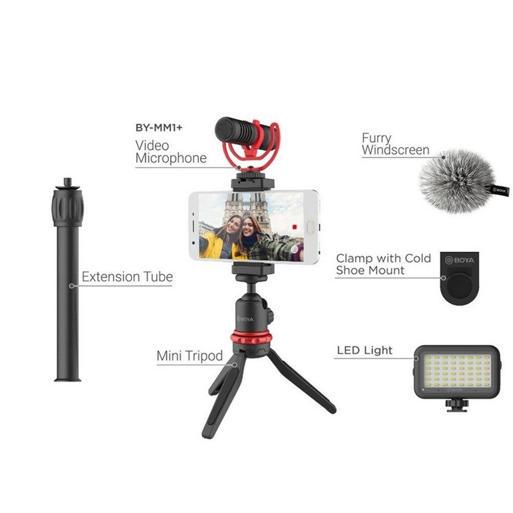 Boya Vlogging Kit Including Mini Tripod By-Mm1 Microphone & Led Light