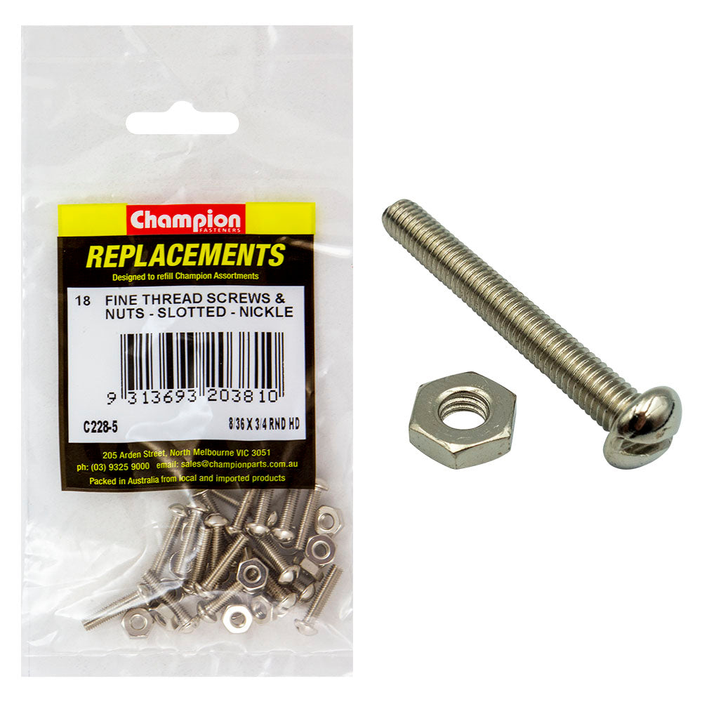 Champion 8/36In X 3/4In Unf Rnd Hd Machine Screw & Nut (Ni)