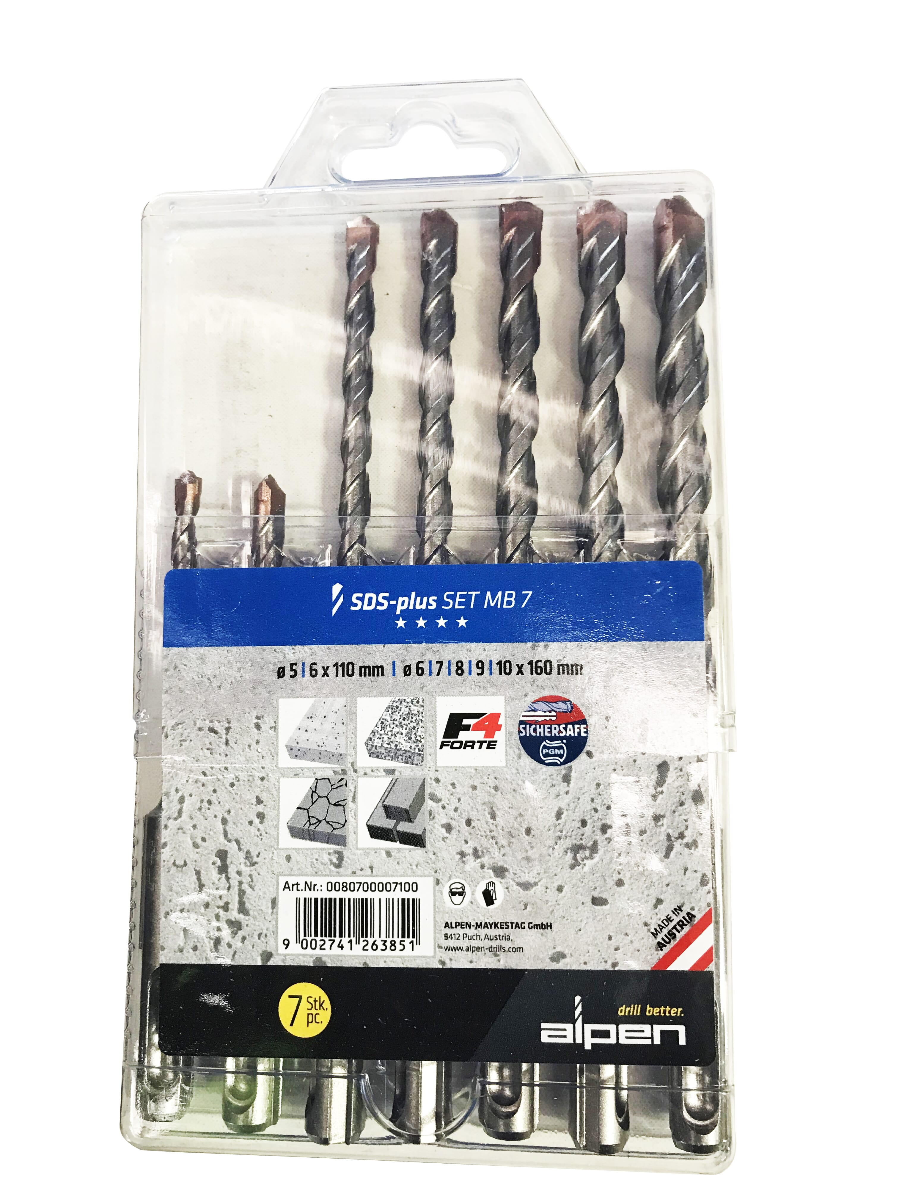 Alpen Series 807 Sds Plus 2 Flute Masonary Drill Mb7 (Set Of 7) Ø 5, 6Mm X 110Mm Ø 6, 7, 8, 9, 10Mm X 160Mm
