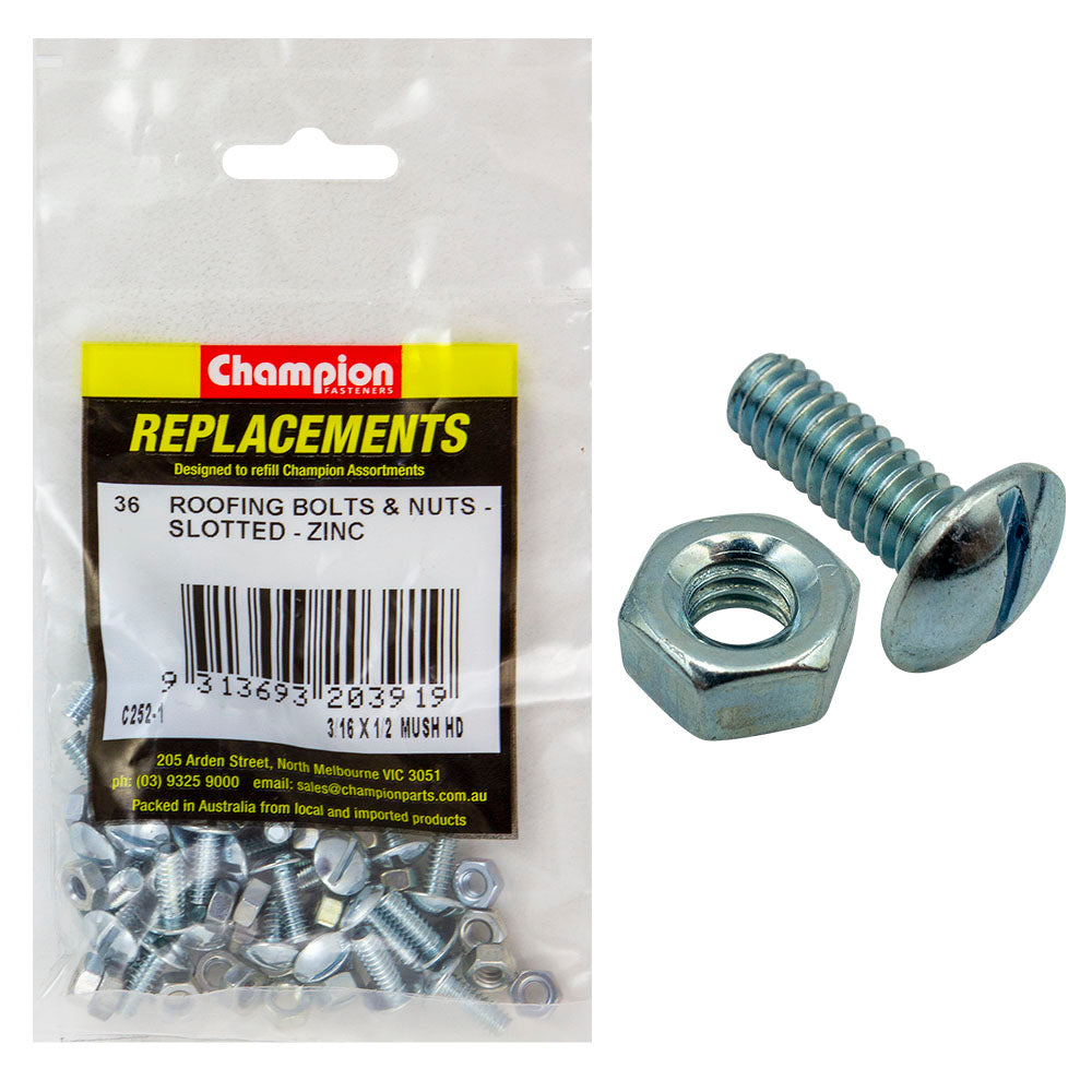 Champion 3/16 X 1/2In Unc Roofing Set Screw & Nut (Zn)-36Pk
