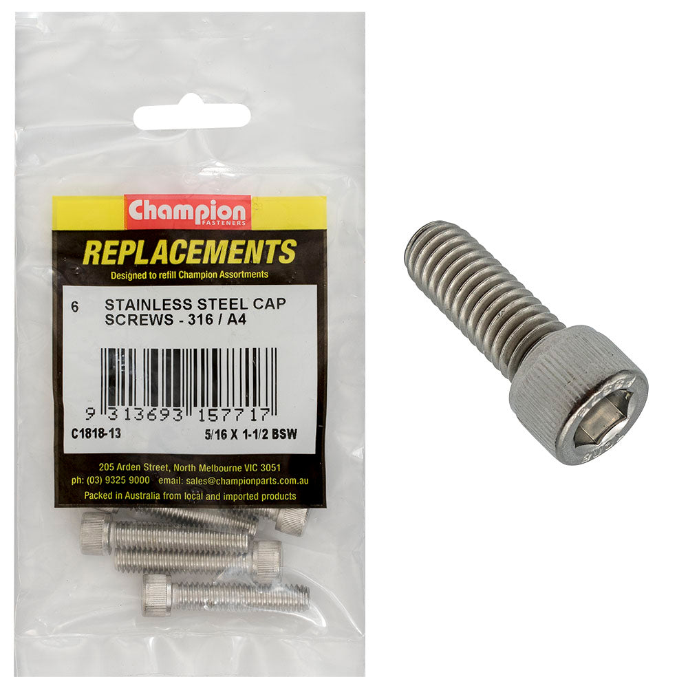 Champion 5/16In X 1-1/2In Bsw Socket Cap Screw 316/A4 -6Pk