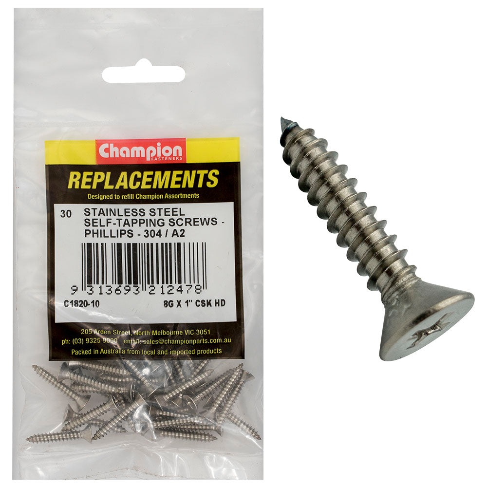 Champion 8G X1In S/Tapping Screw Csk Hd Phillips 304/A2-30Pk