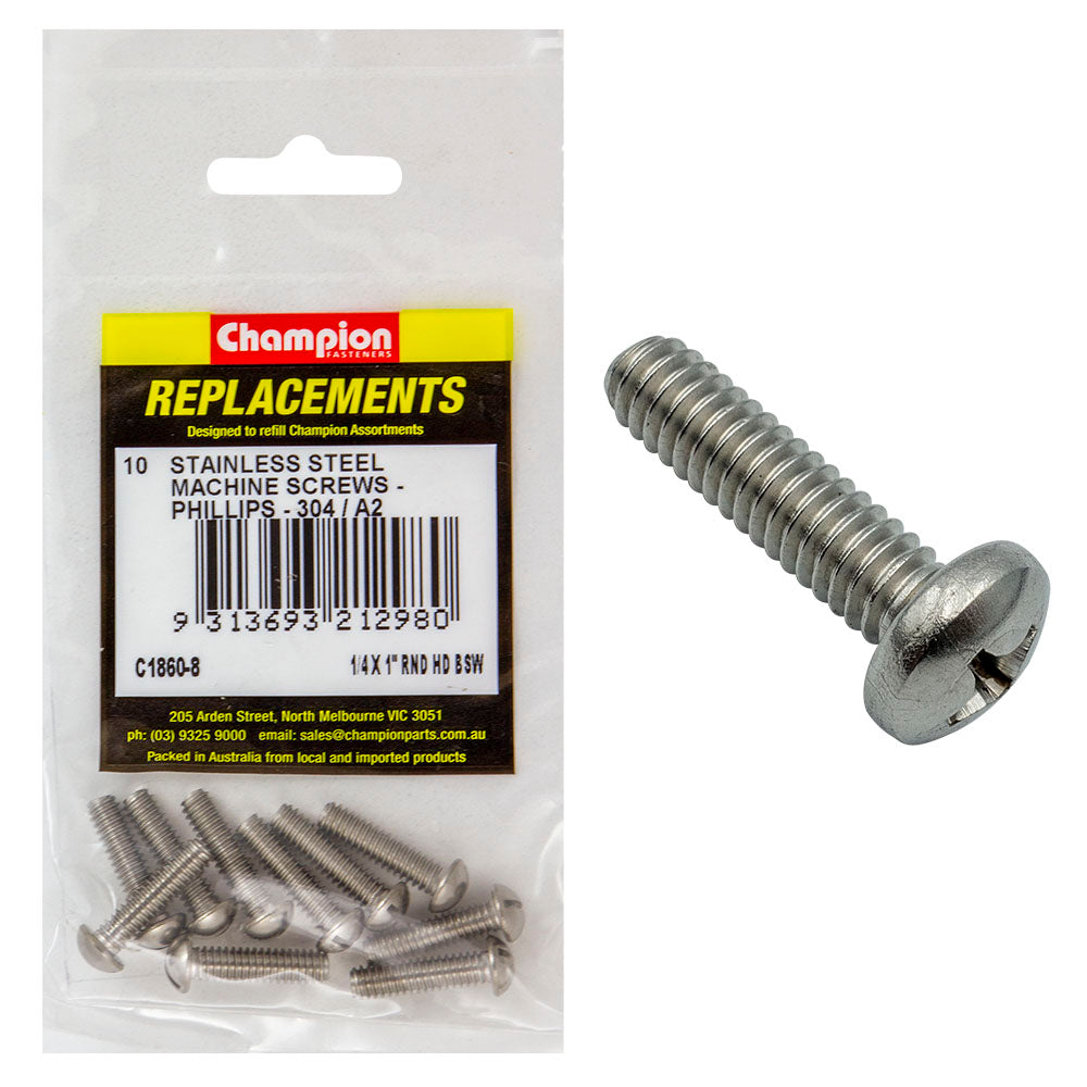 Champion 1/4In X 1In Bsw Machine Screw Pan Ph 304/A2 -10Pk