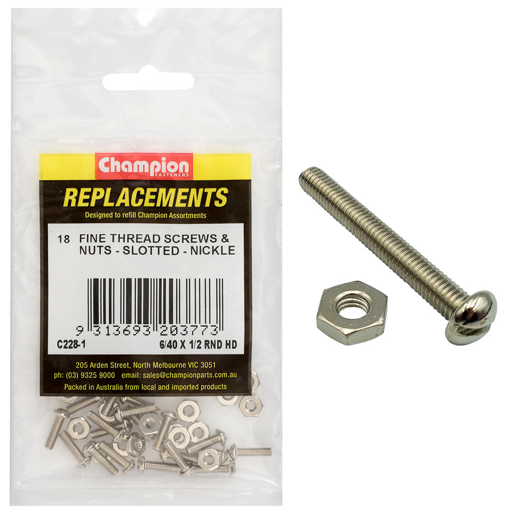 Champion 6/40In X 1/2In Unf Rnd Hd Machine Screw & Nut (Ni)