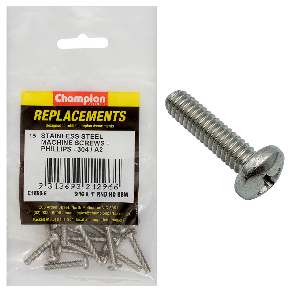 Champion 3/16In X 1In Bsw Machine Screw Pan Ph 304/A2 -15Pk