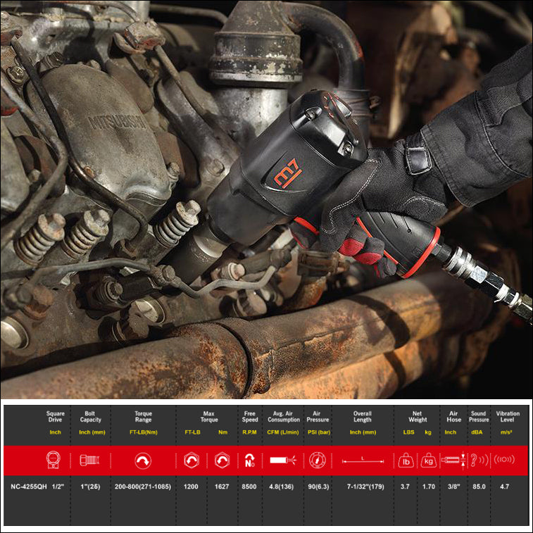 M7 Air Impact Wrench 1/2" Drive Twin Hammer Ez Grease 1200Ft