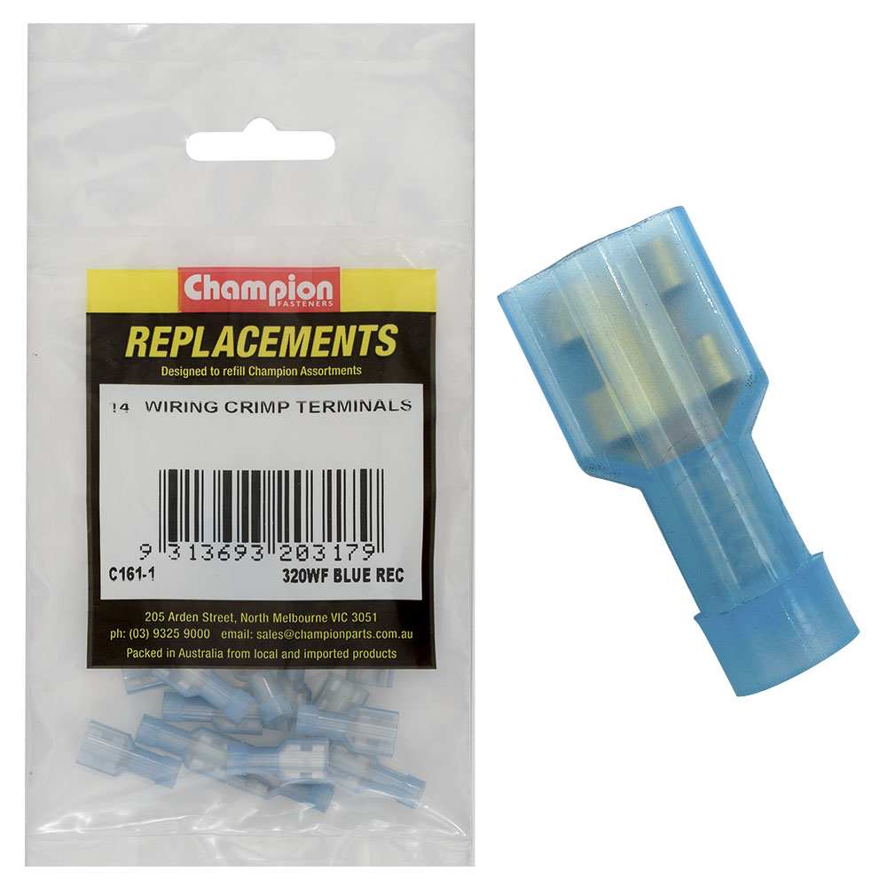 Champion Blue Female Insulated Push-On Spade Terminal -14Pk