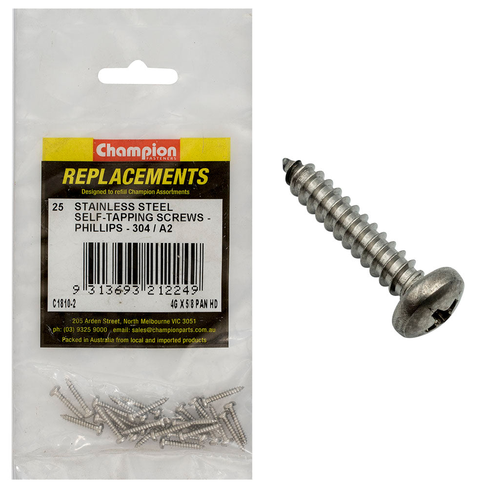 Champion 4G X 5/8 S/Tappg Screw Pan Hd Phillips 304/A2 -25Pk