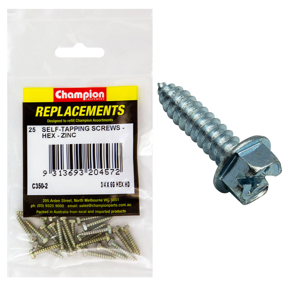 Champion 6G X 3/4In S/Tapping Screw Hex Head Phillips -25Pk