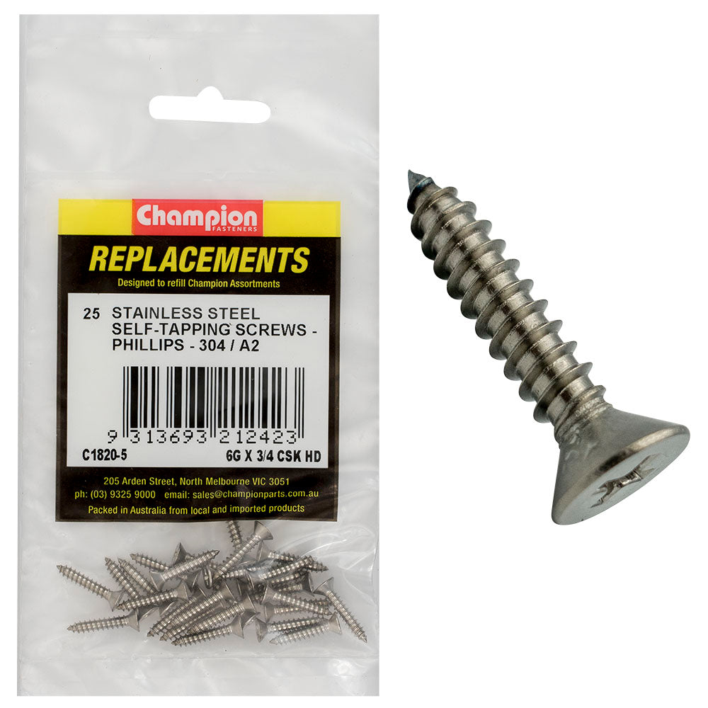 Champion 6G X 3/4 S/Tappg Screw Csk Hd Phillips 304/A2 -25Pk