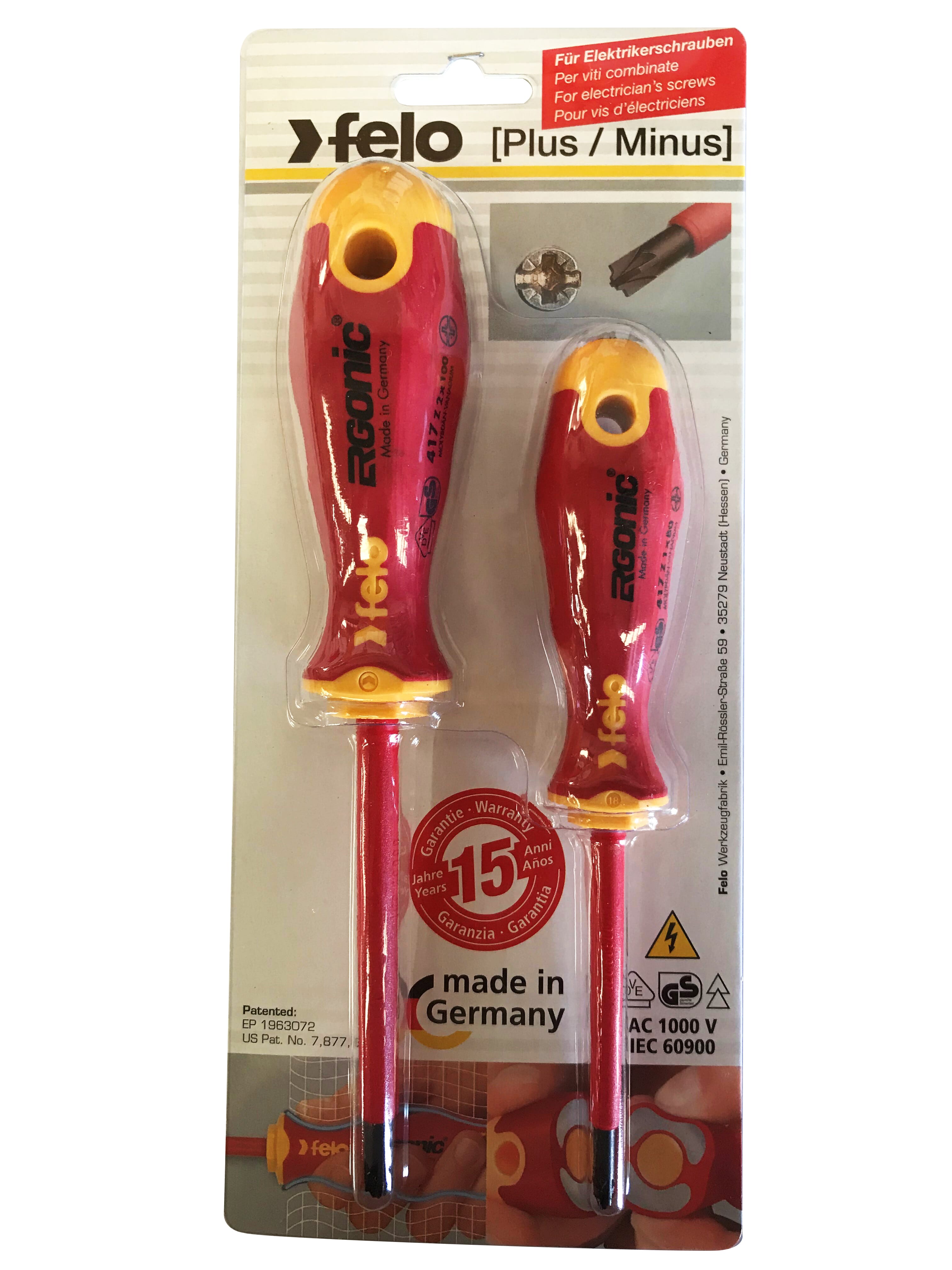 Felo 417 Ergonic Insulated Plus/Minus Screwdriver Set Of 2 Sizes Z1 And Z2 Hardened Tip