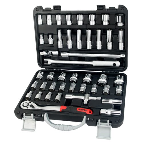 Ampro Socket Set 1/2" Dr 3/8"-1" & 8-32Mm Metric/Sae 45Pc 6Pt (In Blowcase)