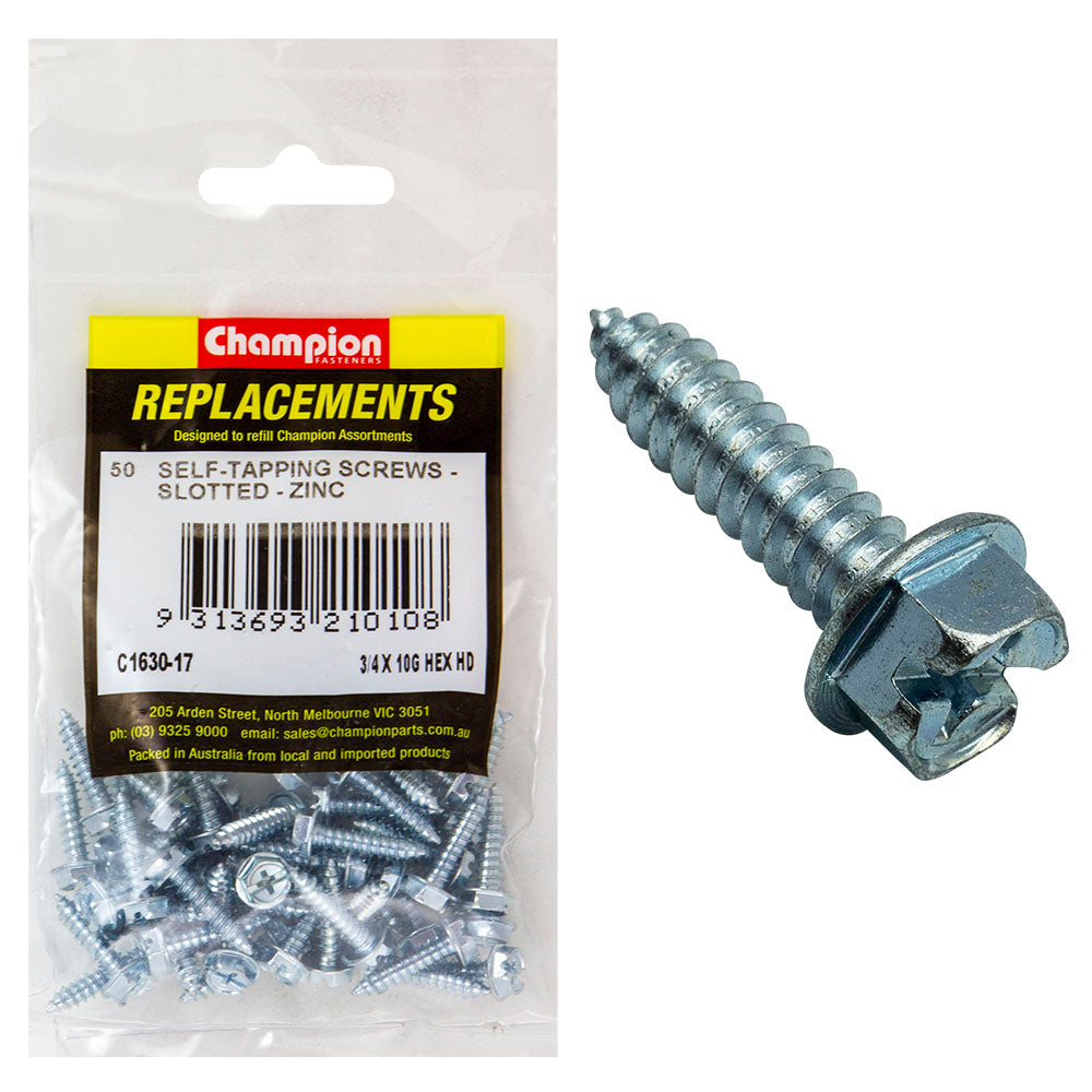Champion 10G X 3/4In S/Tapping Screw Hex Head Phillips -50Pk