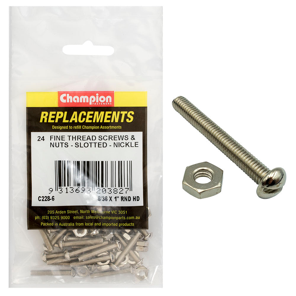 Champion 8/36 X 1In Unf Rnd Hd Machine Screw & Nut (Ni)-24Pk