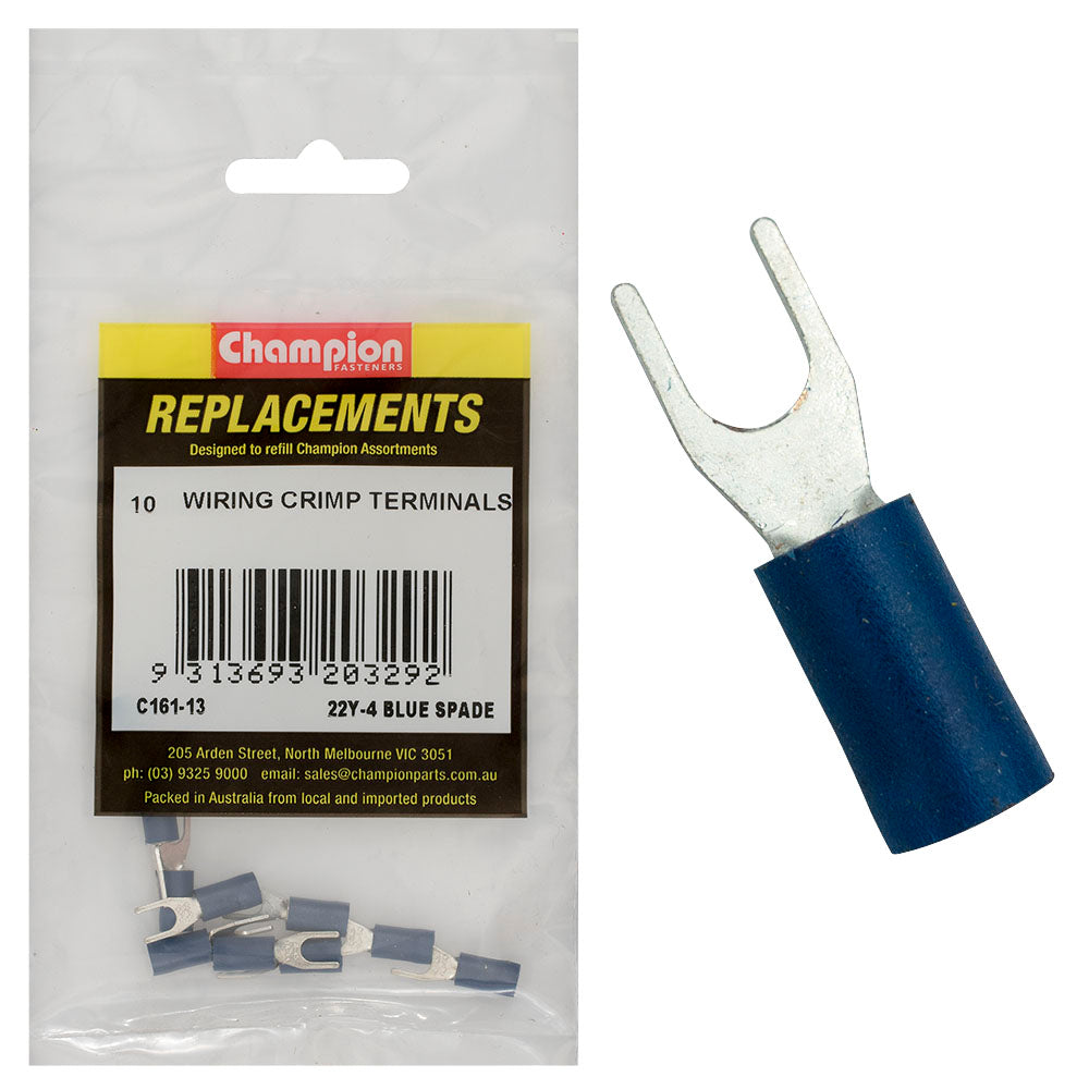Champion 5/32In / 4Mm Blue Spade Terminal -10Pk