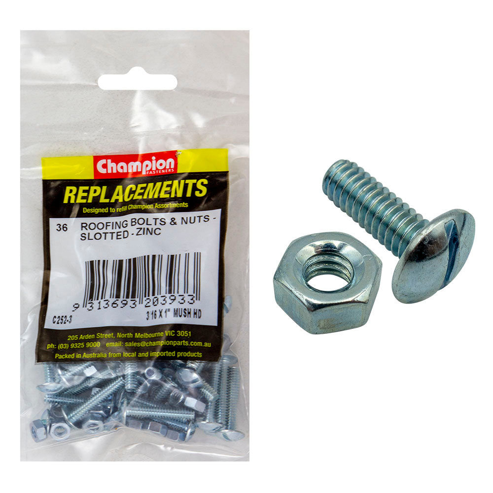 Champion 3/16In X 1In Unc Roofing Set Screw & Nut (Zn) -36Pk