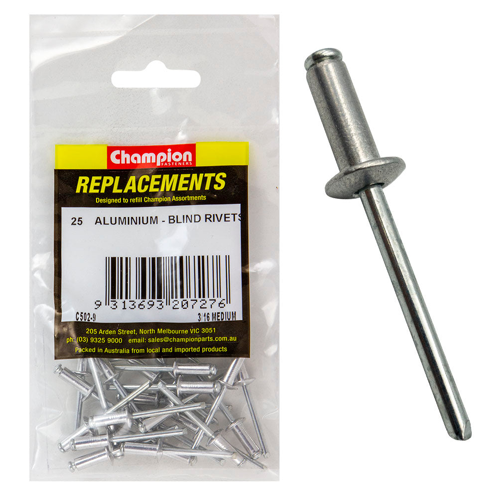 Champion 3/16In X 0.490In (12.45Mm) Medium Blind Rivets-25Pk