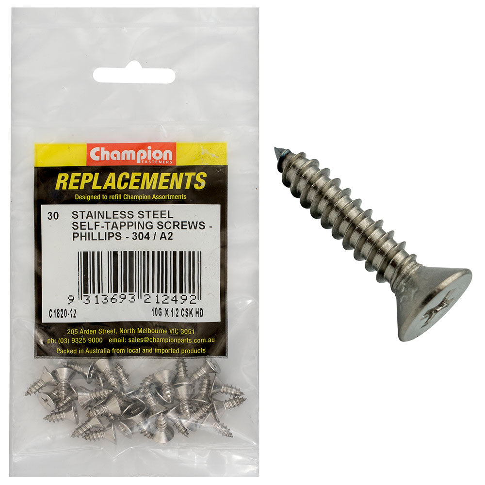 Champion 10G X 1/2In S/Tapping Screw Csk Hd Phillips 304/A2