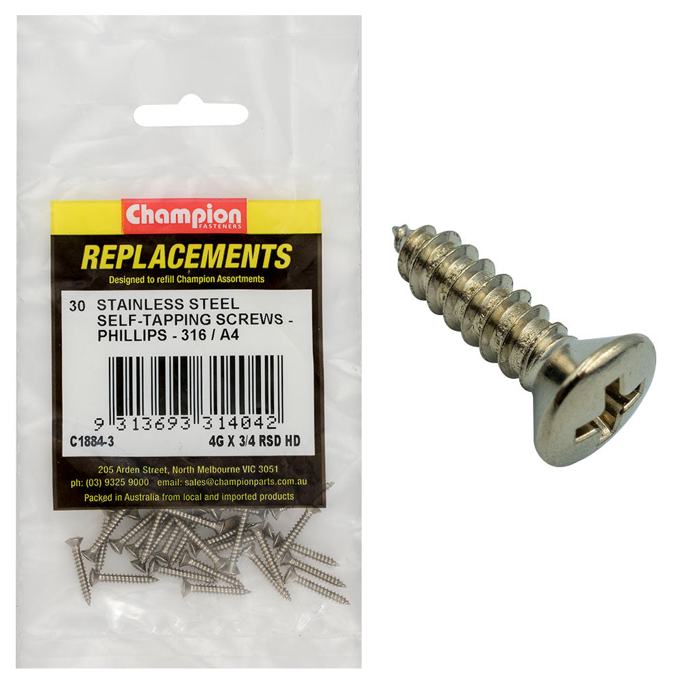 Champion 4G X 3/4In S/Tapping Screw -Rsd -Ph -316/A4 -30Pk