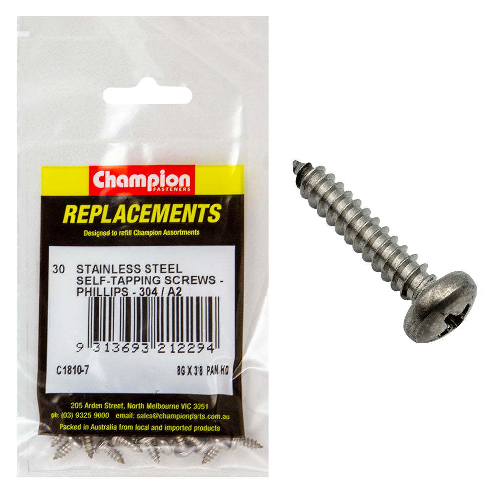 Champion 8G X 3/8 S/Tappg Screw Pan Hd Phillips 304/A2 -30Pk