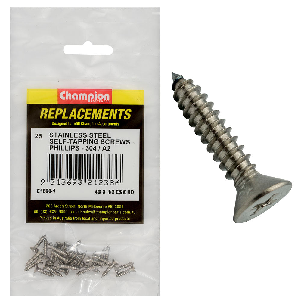 Champion 4G X 1/2 S/Tappg Screw Csk Hd Phillips 304/A2 -25Pk