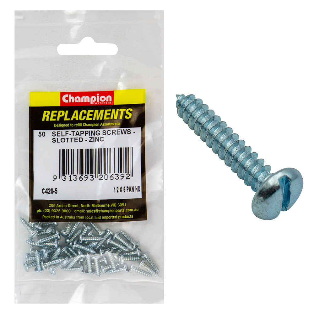 Champion 6G X 1/2In S/Tapping Screw Pan Head Slotted -50Pk