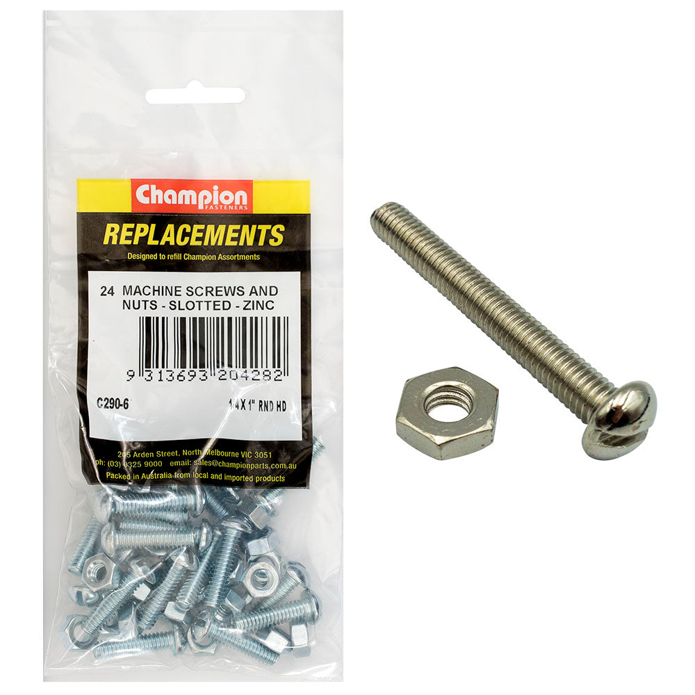 Champion 1/4 X 1In Bsw Rnd Head Machine Screw & Nut - 24Pk