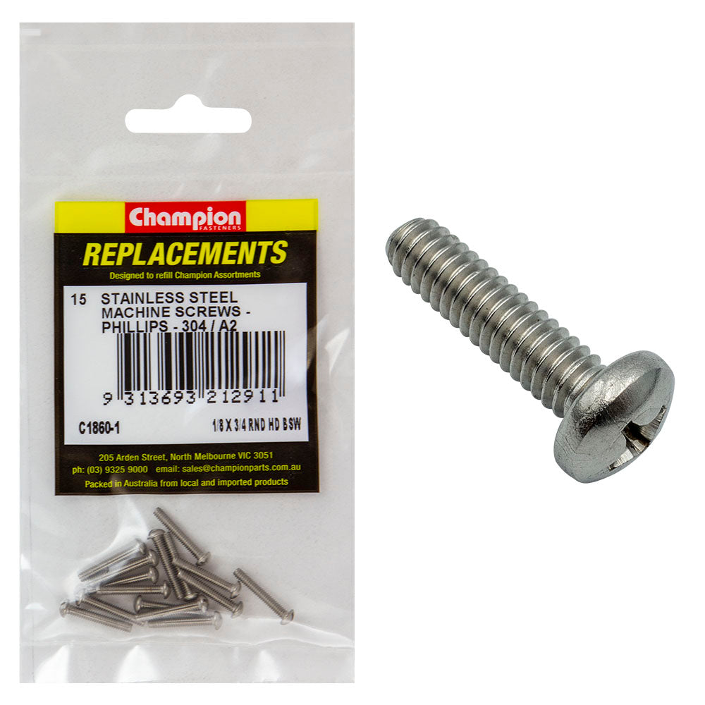 Champion 1/8In X 3/4In Bsw Machine Screw Pan Ph 304/A2 -15Pk