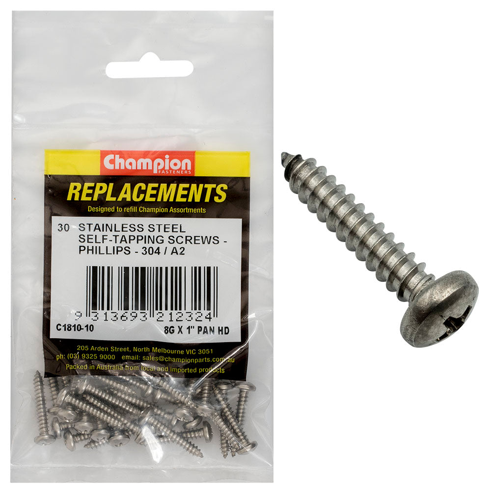 Champion 8G X1In S/Tapping Screw Pan Hd Phillips 304/A2-30Pk