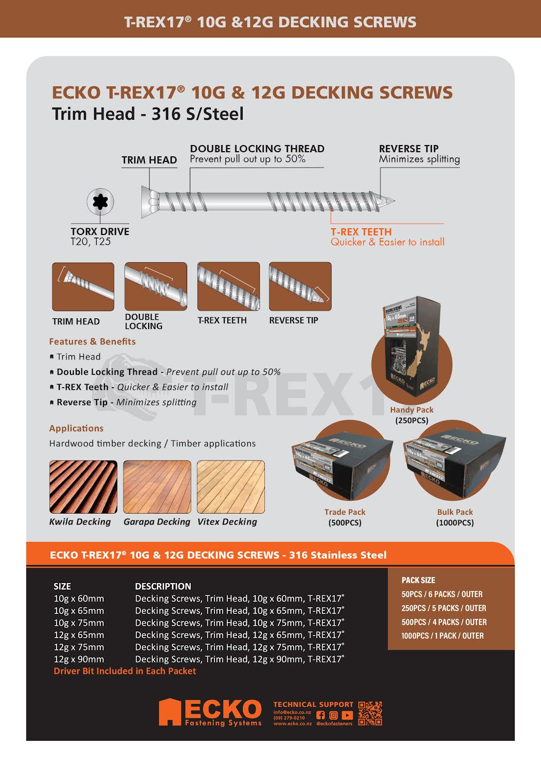 Ecko T-Rex17 Trim Head Decking Screws 12G X 90Mm Stainless Steel 316 (1000 Box)