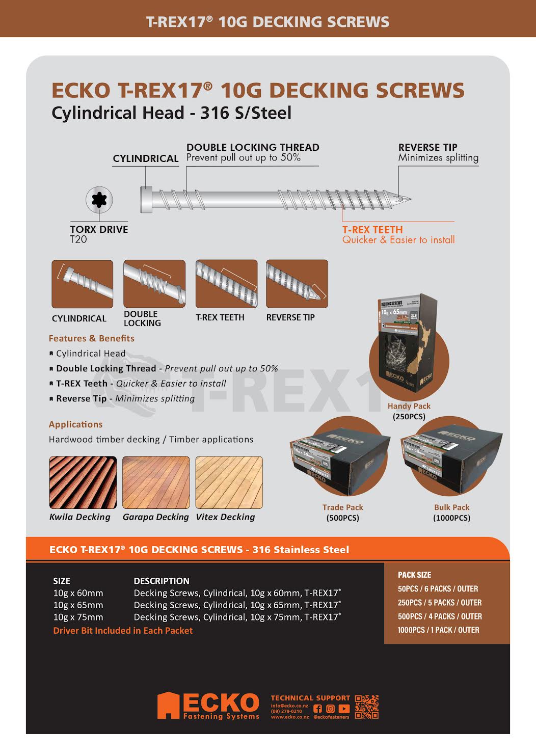 Ecko T-Rex17® Ecko 10G X 60Mm Cylindrical Head Ss316 Decking Screws (500 Box)