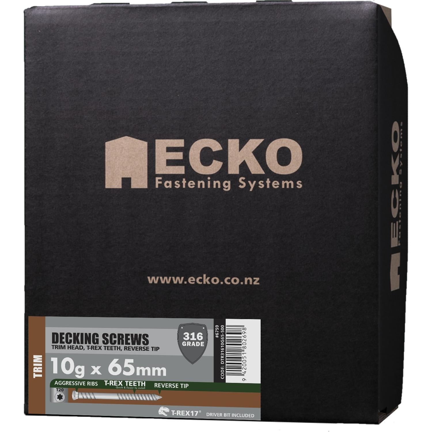 Ecko T-Rex17 Trim Head Decking Screws 10G X 65Mm Stainless Steel 316 (500 Box)