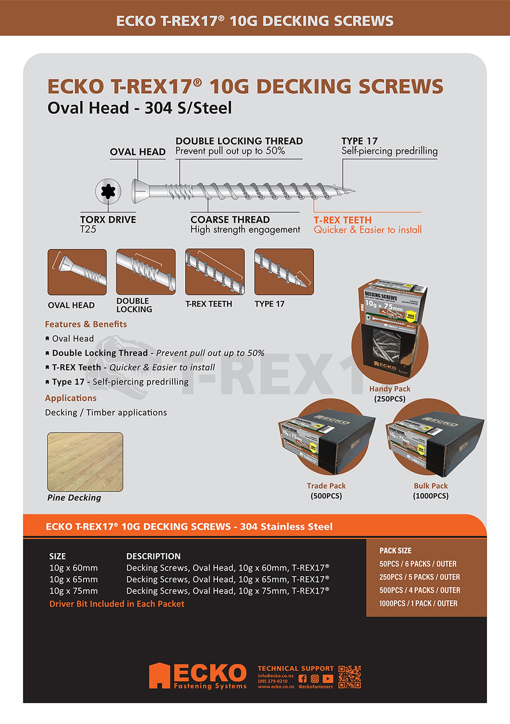 Ecko T-Rex17 10G X 75Mm Oval Head Decking Screws (1000 Box)