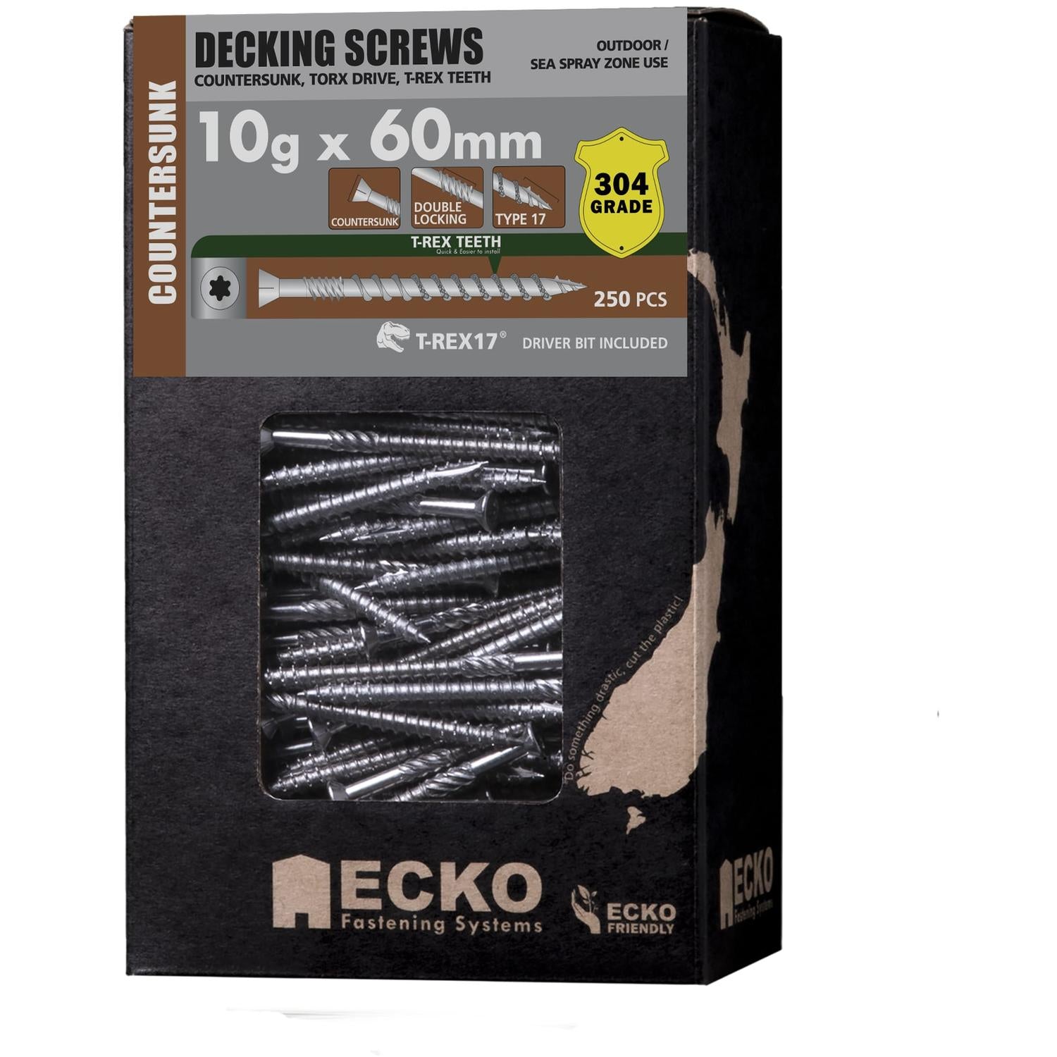 Ecko T-Rex17 10G X 60Mm  Flat Head Decking Screws Countersunk (250 Box)