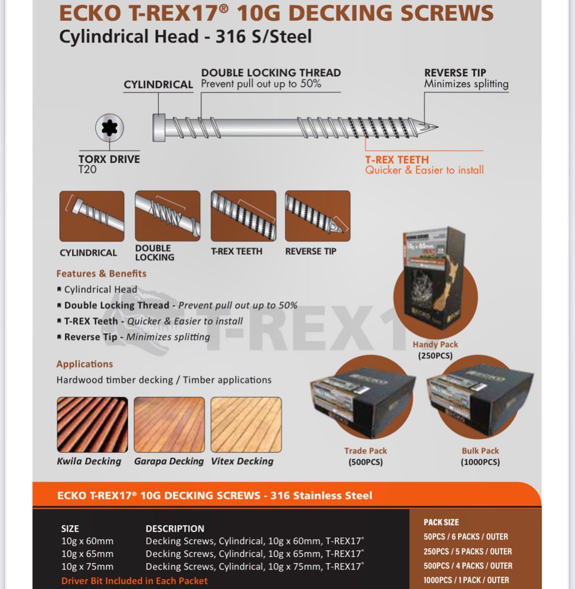 Ecko T-Rex17® Ecko 10G X 65Mm Cylindrical Head Ss316 Decking Screws (1000 Box)