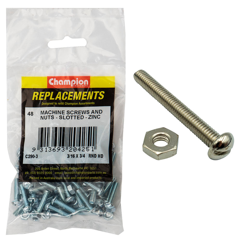 Champion 3/16In X 3/4In Bsw Rnd Hd Machine Screw & Nut (Zn)