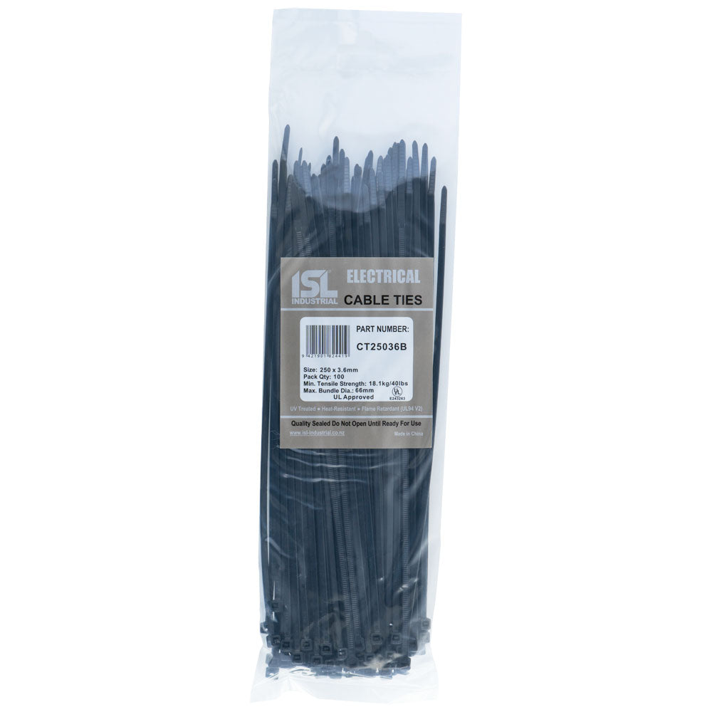 ISL 250 x 3.6mm UV Nylon Cable Tie - Blk. - 100pk
