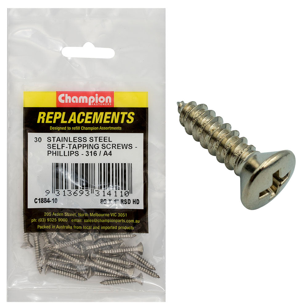 Champion 8G X 1In S/Tapping Screw -Rsd -Ph -316/A4 -30Pk