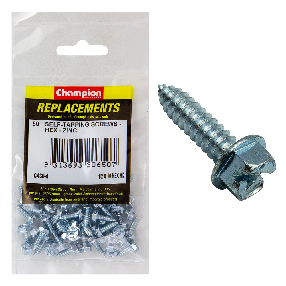 Champion 10G X 1/2In S/Tapping Screw Hex Head Phillips -50Pk