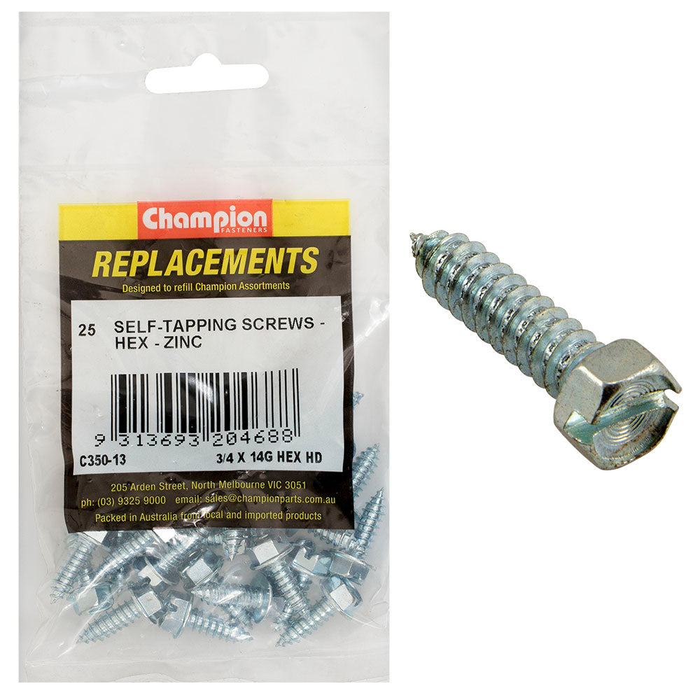Champion 14G X 3/4In S/Tapping Screw Hex Head Phillips -25Pk