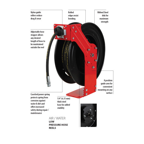Groz Pro Metal Hose Reel - Air / Water - 15M - 1/2In Id
