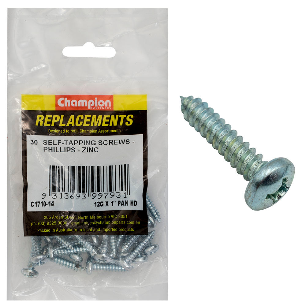 Champion 12G X 1In S/Tapping Screw Pan Hd Phillips (Zn)-30Pk