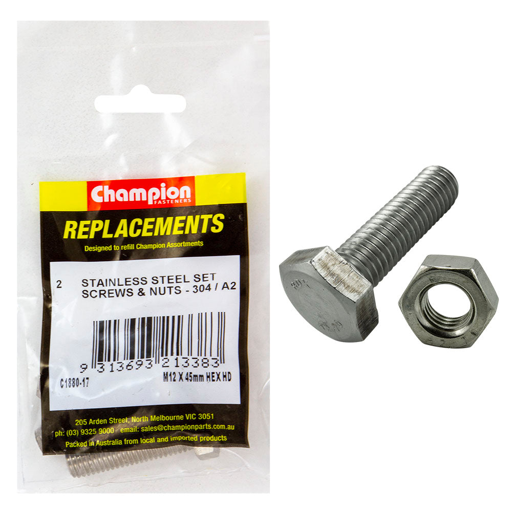 Champion M12 X 45Mm Stainless Set Screw W/Nut 304/A2 -2Pk