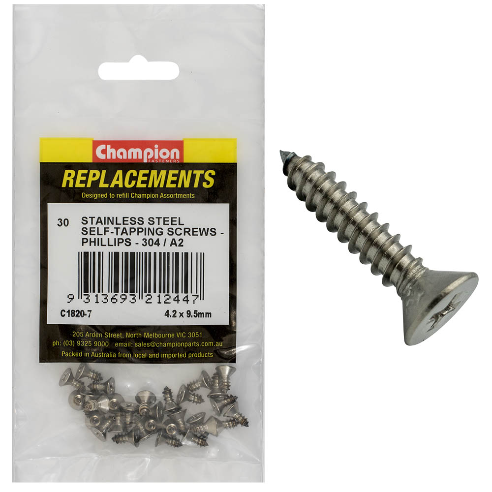 Champion 8G X 3/8 S/Tappg Screw Csk Hd Phillips 304/A2 -30Pk